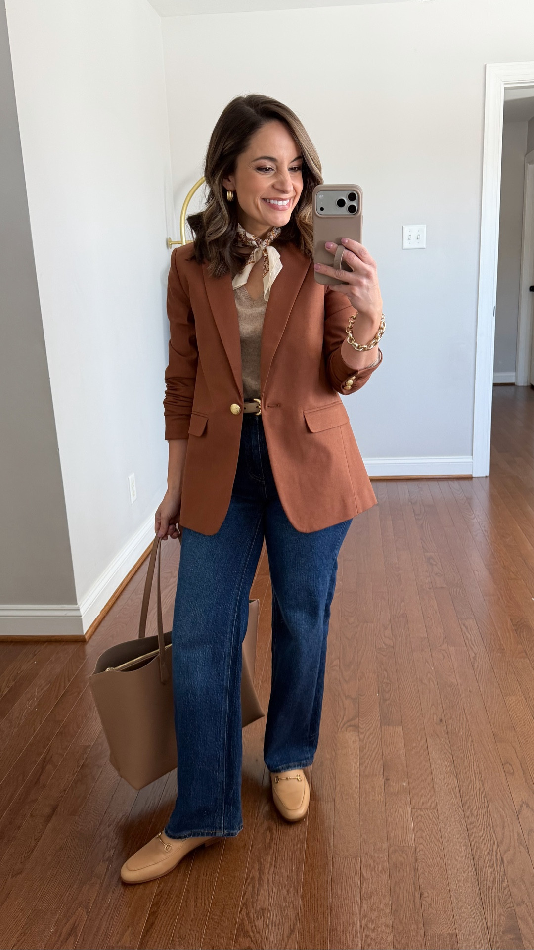 Petite-friendly outfit for work with jeans! 

Jeans: 24 x 28” in stormy blue 
Sweater: xs in oatmeal 
Blazer: petite 00 
Loafers: tts French sand 
Tote: quince 

#LTKWorkwear #LTKPetite