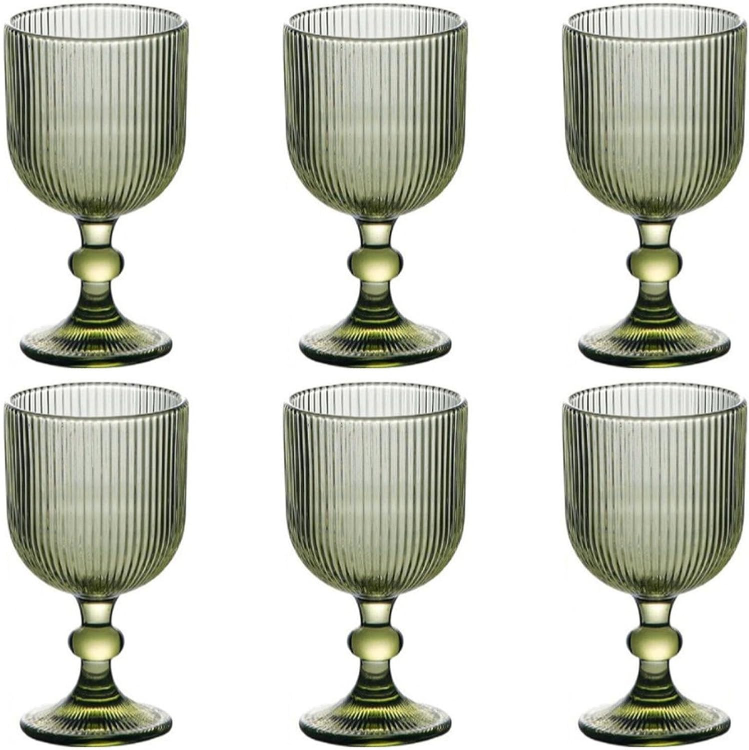 Taganov Green Drinking Glasses set of 6 Big Wine Goblets Vintage Colored Glassware 13 oz for Wedding Party Bar Vertical Line Embossed Pattern Stemmed Cups 400ml | Amazon (US)