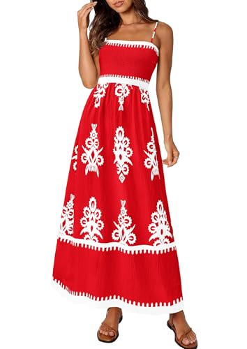 PRETTYGARDEN Summer Dress for Women 2026 Floral Sundress Spaghetti Strap Flowy Beach Vacation Boho Maxi Dresses (Red White Floral,Medium) | Amazon (US)