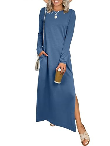 ANRABESS Women Long Sleeve Dresses 2025 Fall Casual Crewneck Loose Fit Split Flowy Wrinkle-Free Travel Vacation Maxi Dress Deep Blue Large | Amazon (US)