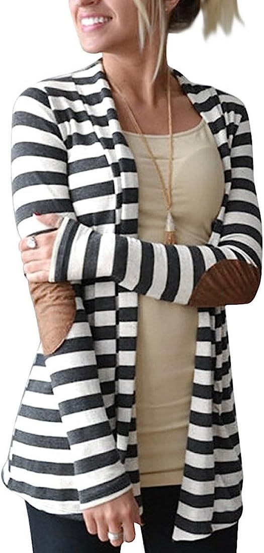 Myobe Women's Cardigan Elbow Patch Shawl Collar Summer Striped Open Front Cardigan Sweaters Coat ... | Amazon (US)