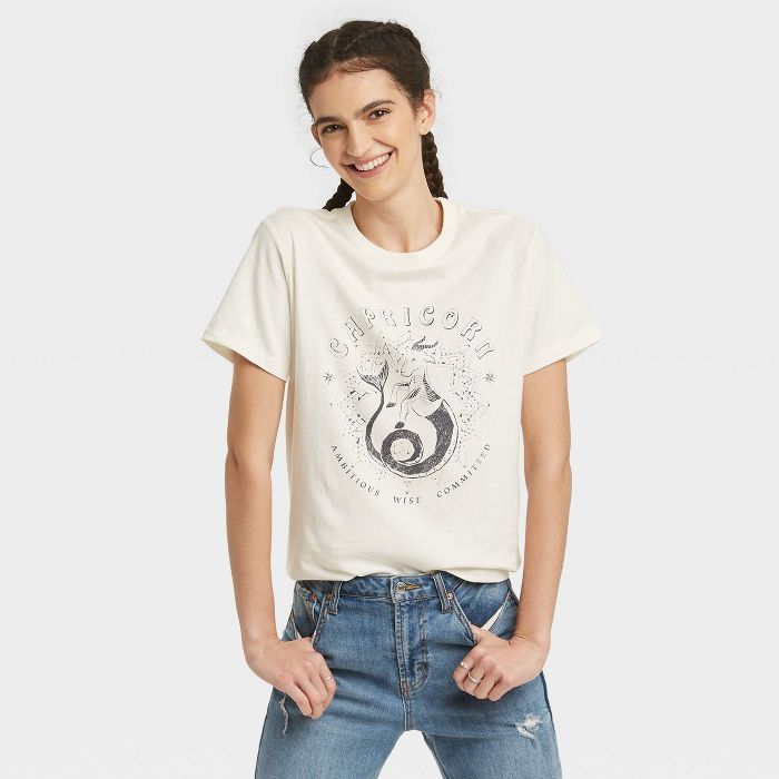 Women's Capricorn Zodiac Short Sleeve Graphic T-Shirt - White | Target