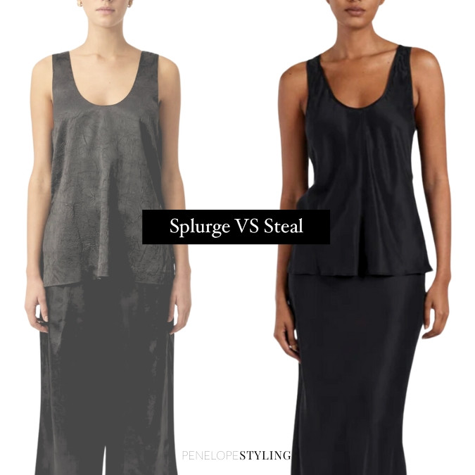 SLURGE on the designer tank $250, or snap up this fab find 100% silk, for under $150.

#splurgeVSsteal #silktop #silktank #blacksilk #silkstyle 

#LTKpartywear #LTKworkwear #LTKwedding