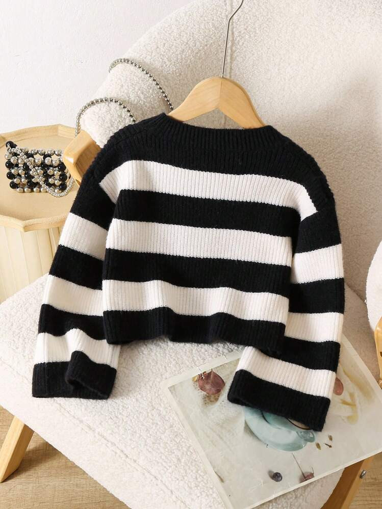 Souflis Souflis Young Girl Short Striped Pullover Sweater, Long Sleeve Casual Black And White Str... | SHEIN