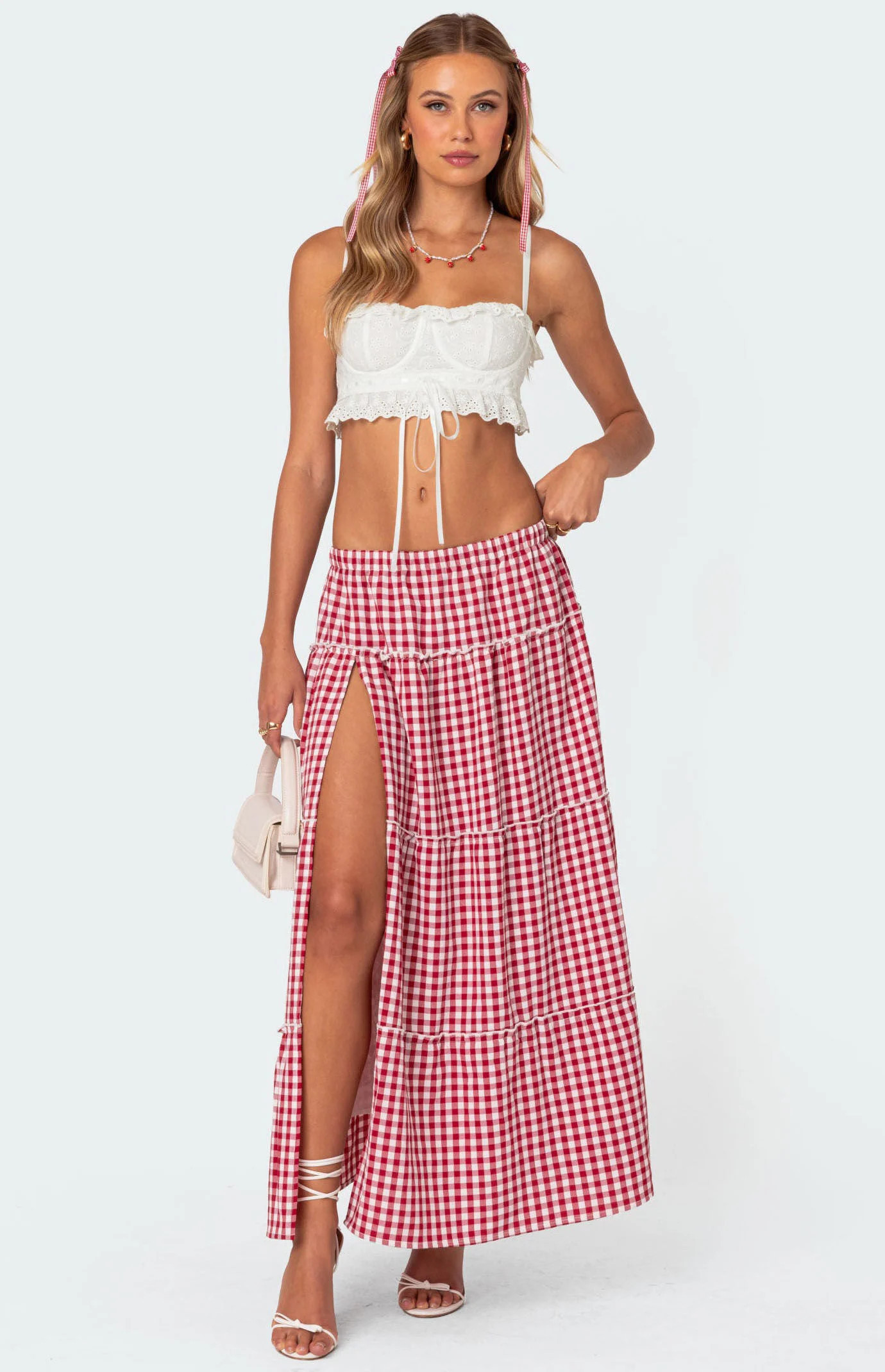 Edikted Women's Gingham Side Slit Tiered Maxi Skirt - Size XS | PacSun