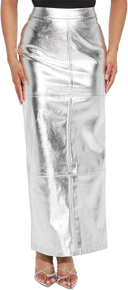 NRTHYE Women's Sparkly Metallic Skirt High Waist Long Leather Skirt Pencil Skirt Maxi Skirt | Amazon (US)