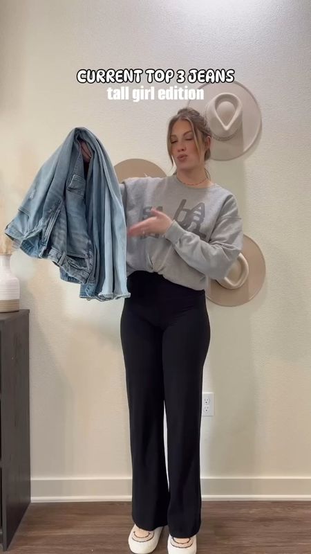 My current top 3 tall girl friendly jeans! The exact second pair shown in the video are sold out- but I linked very similar options! All in TALL! 

1st pair cargos: I’m wearing a 6 tall 
2nd pair wide leg: I’m wearing a 4 tall
3rd paid relaxed fit: I’m wearing a 28 extra long 