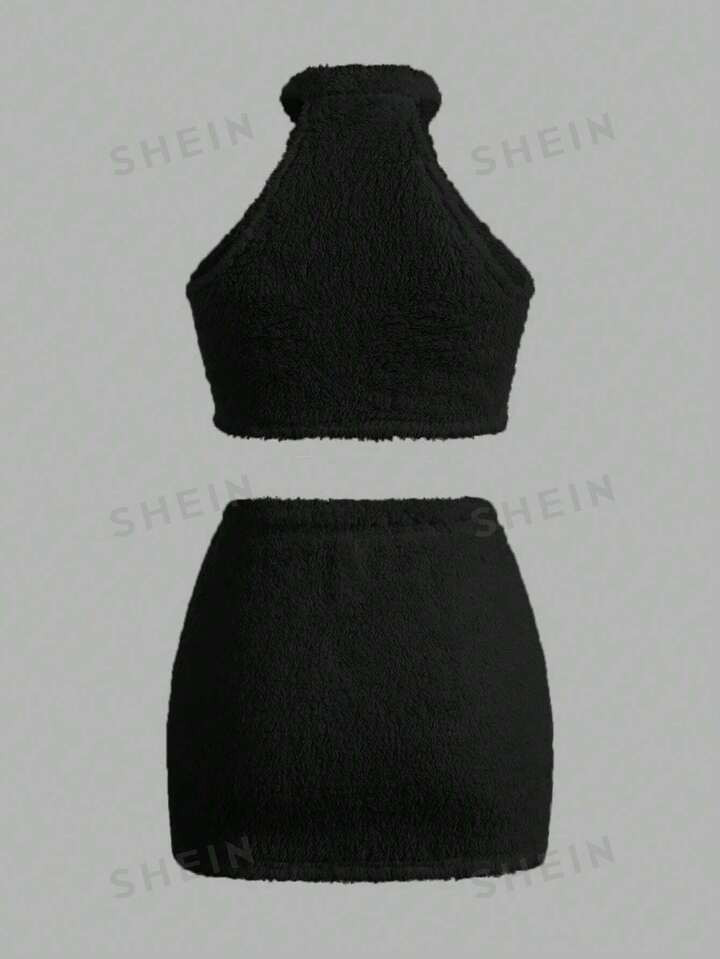 SHEIN EZwear Solid Teddy Halter Top & Bodycon Skirt | SHEIN