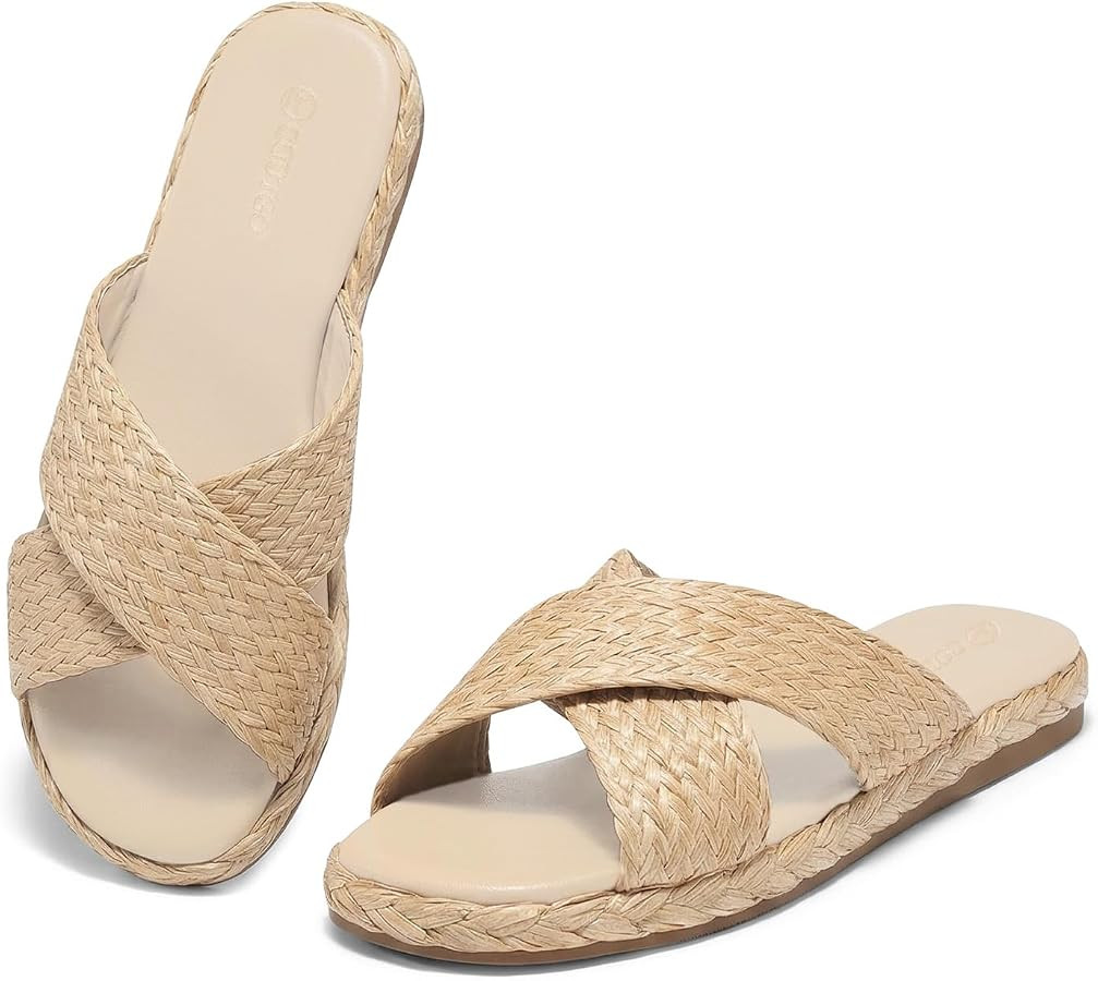 Coutgo Womens Flat Sandals Espadrilles Raffia Open Toe Slides Cross Strap Slip On Summer Dressy B... | Amazon (US)