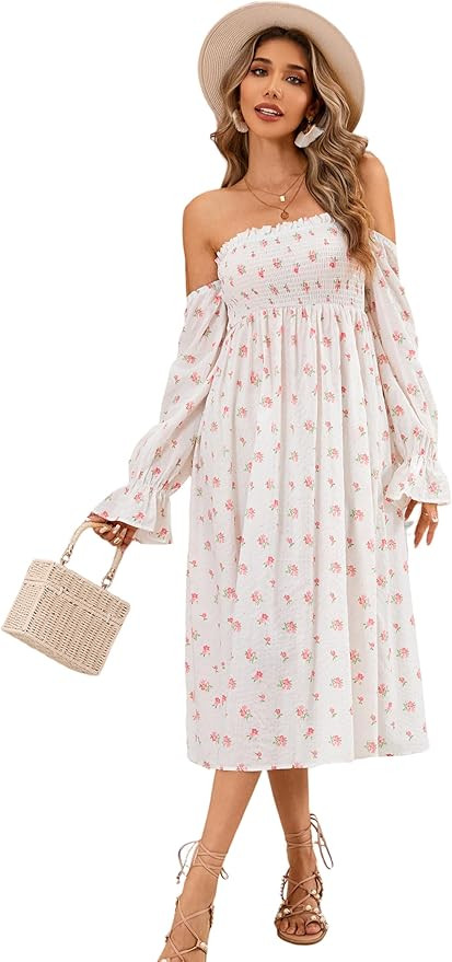 R.Vivimos Summer Dress for Women Long Sleeve Casual Plaid Print Smocked Off Shoulder A-Line Midi ... | Amazon (US)