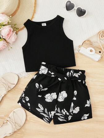 SHEIN Kids SUNSHNE Toddler Girls 1pc Floral Print Paperbag Waist Belted Shorts | SHEIN