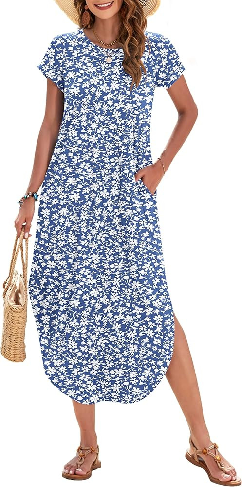 WNEEDU Womens Summer Dresses Casual Loose Short Sleeve Long T Shirt Dress Split Maxi Beach Sundre... | Amazon (US)