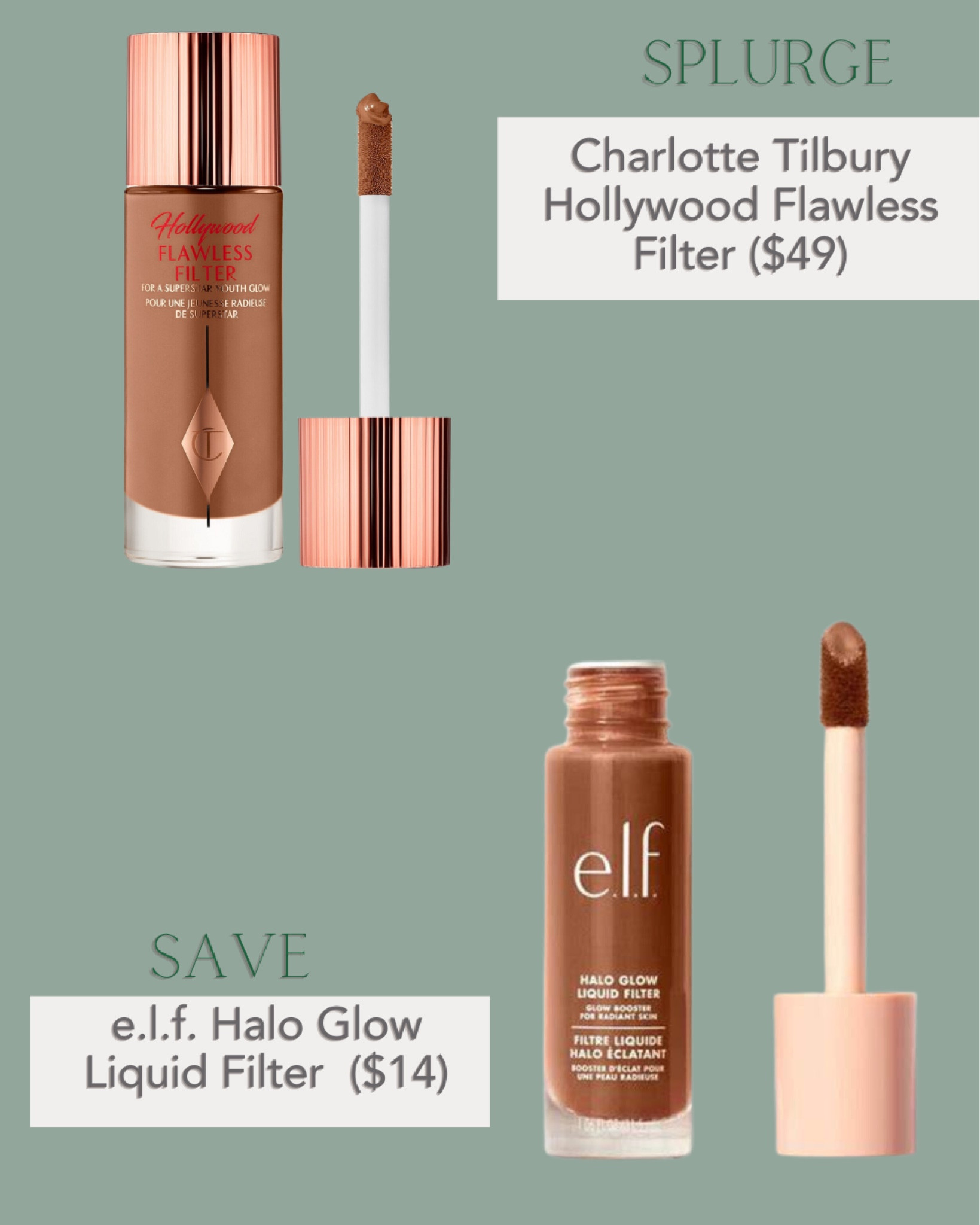 Charlotte Tilbury Hollywood Flawless Filter and it’s drugstore dupe elf Halo Glow Liquid Filter. To save you more than $30 with very likely finish glow to ice you flawless glowup

#LTKunder50 #LTKbeauty #LTKFind