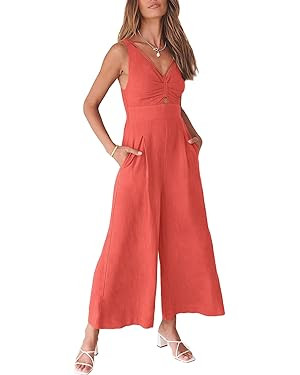 ANRABESS Women's Summer Wide Leg Linen Jumpsuits Dressy V Neck Sleeveless Casual Pants Rompers 20... | Amazon (US)
