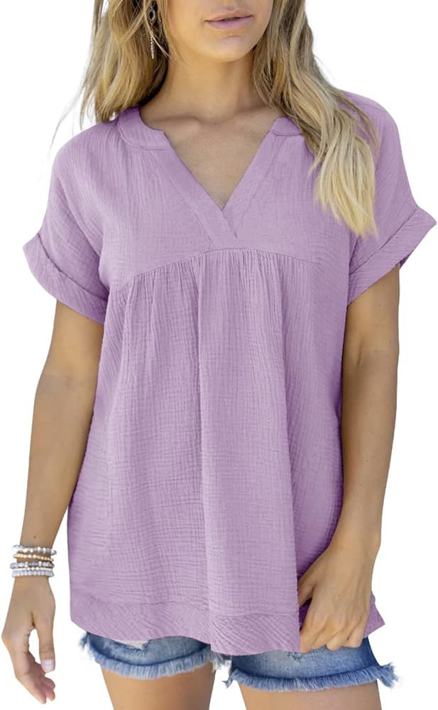 Imily Bela Womens Summer Flowy V Neck Tops Short Sleeve Casual Tunic Loose Shirts Blouse with Pocket | Amazon (US)