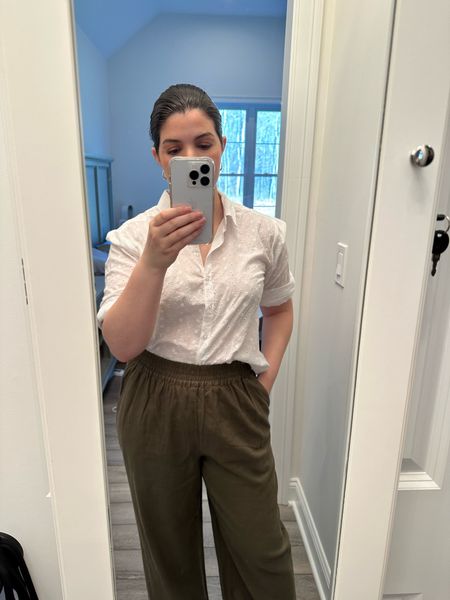 Postpartum outfit. I’m 3 months postpartum & I recently went shopping at Nordstrom for some spring basics. I love these linen pants by treasure & bond. I purchased in this green color & black! 
The shirt is BP also from Nordstrom over 1 year ago I cannot find on their website but I did find it on eBay! 

#LTKstyletip #LTKunder50 #LTKbaby