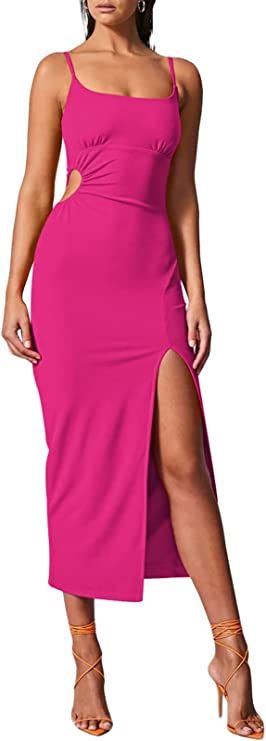Pink Queen Women's Summer Scoop Neck Spaghetti Straps Bodycon Cutout Side Slit Ruched Midi Dress | Amazon (US)