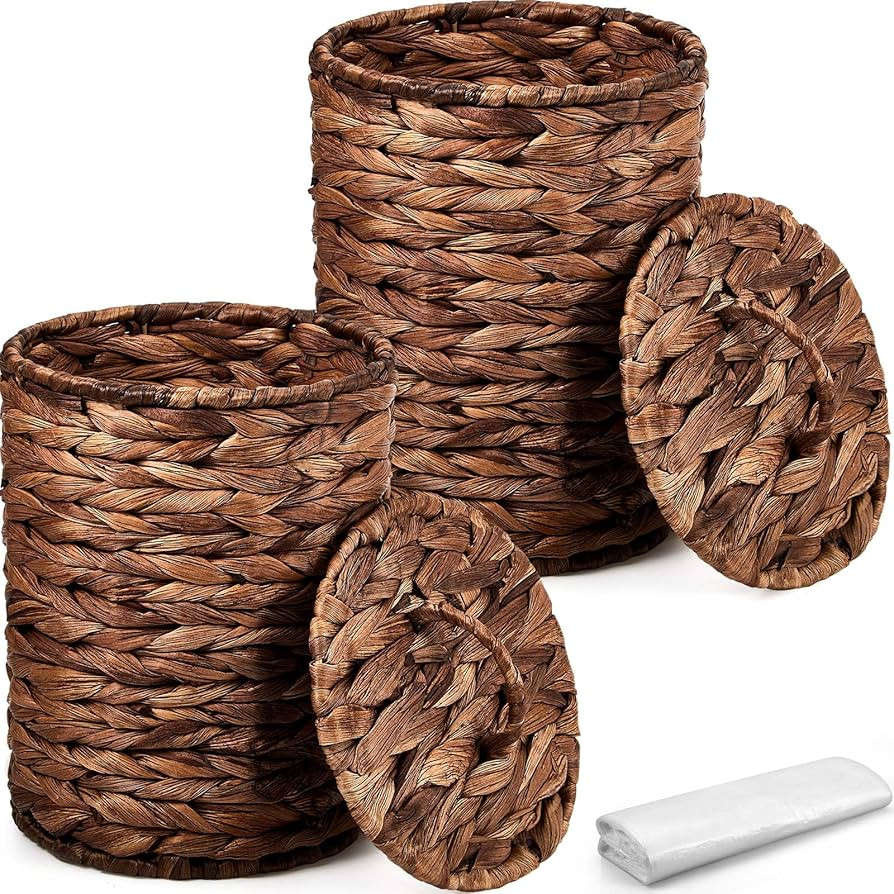 Ctosree 2 Pcs Wicker Trash Can Basket Woven Waste Basket with Lid Bathroom Wastebasket Garbage Bi... | Amazon (US)