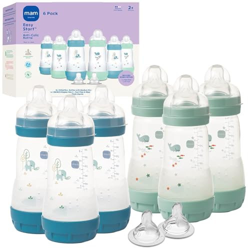 MAM 9oz Easy Start Anti-Colic Baby Bottles, Medium Flow with 2 Bonus Nipples Set (Fast & Extra Fast Flow), Reduces Colic, Gas, & Reflux, Easy-to-Clean, BPA-Free, 2+ Months, Made in Europe Pack of 6 | Amazon (US)