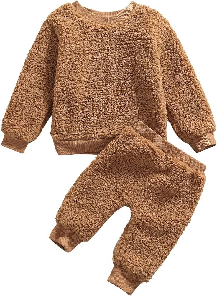 OneFlow Toddler Infant Baby Boy Girl Fall Winter Outfit Sherpa Fleece Sweater Pullover Tops Solid Pa | Amazon (US)