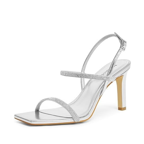 Modatope Silver Strappy Heels for Women Rhinestone Sparkly Sandals Women Open Toe Square Toe Ankle Strap Womens Sandals Size 9 | Amazon (US)