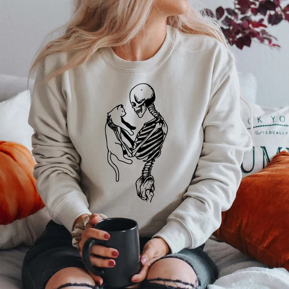 Skeleton and Cat Sweatshirt Halloween Sweatshirtfunny - Etsy | Etsy (US)
