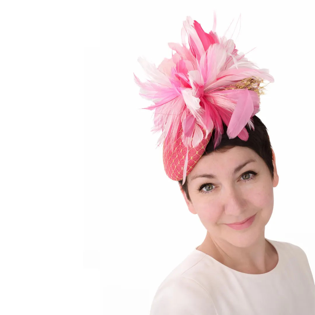 Pink Shades With Gold, Kentucky Derby Hat. Feather Fascinator, Gold Veiling. Bridal Shower, Mothe... | Etsy (US)