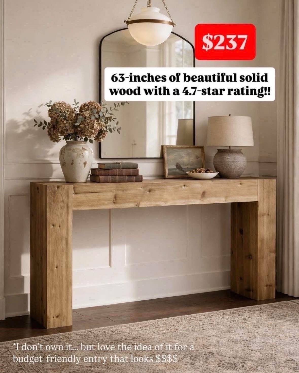 This solid wood console, priced at $240, is a powerhouse of design and functionality. Its proportions are well-thought-out, and the use of timeless wood adds to its appeal. Moreover, its budget-friendly price makes it an attractive option for many!

solid wood console, affordable furniture, designer look

#designhacks
#designerlookforless
#solidwoodfurniture
#affordablehome
#entrywayinspo
#consoletable
#traditionalmodern
#timelessinteriors
#homeinspo
#neutralhome
#budgetdecor
#elevatedinteriors
#classicinteriors
#interiorstyling
#savevssplurge

#LTKSeasonal #LTKSaleAlert #LTKHome