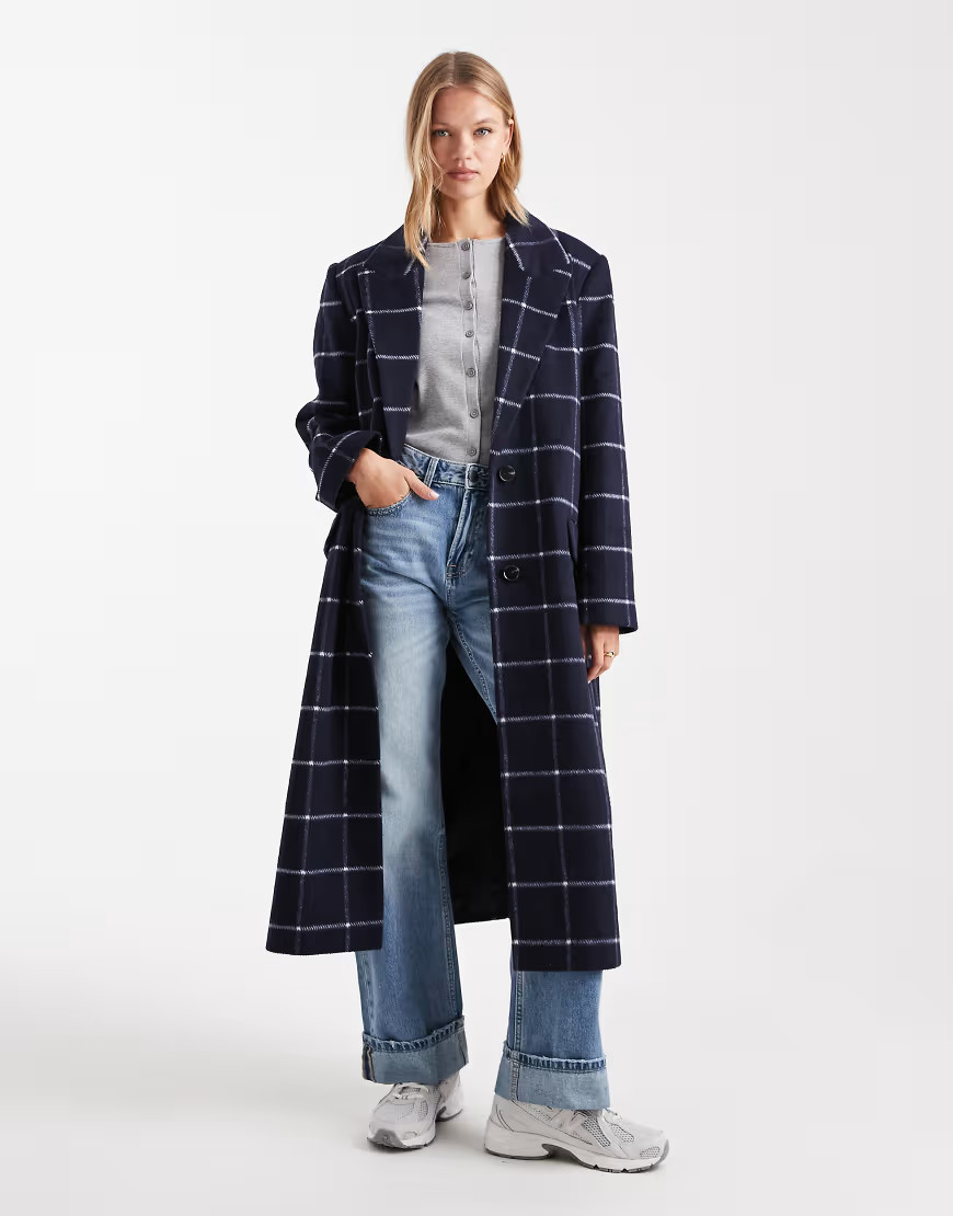 ASOS DESIGN longline formal coat in navy check | ASOS (Global)