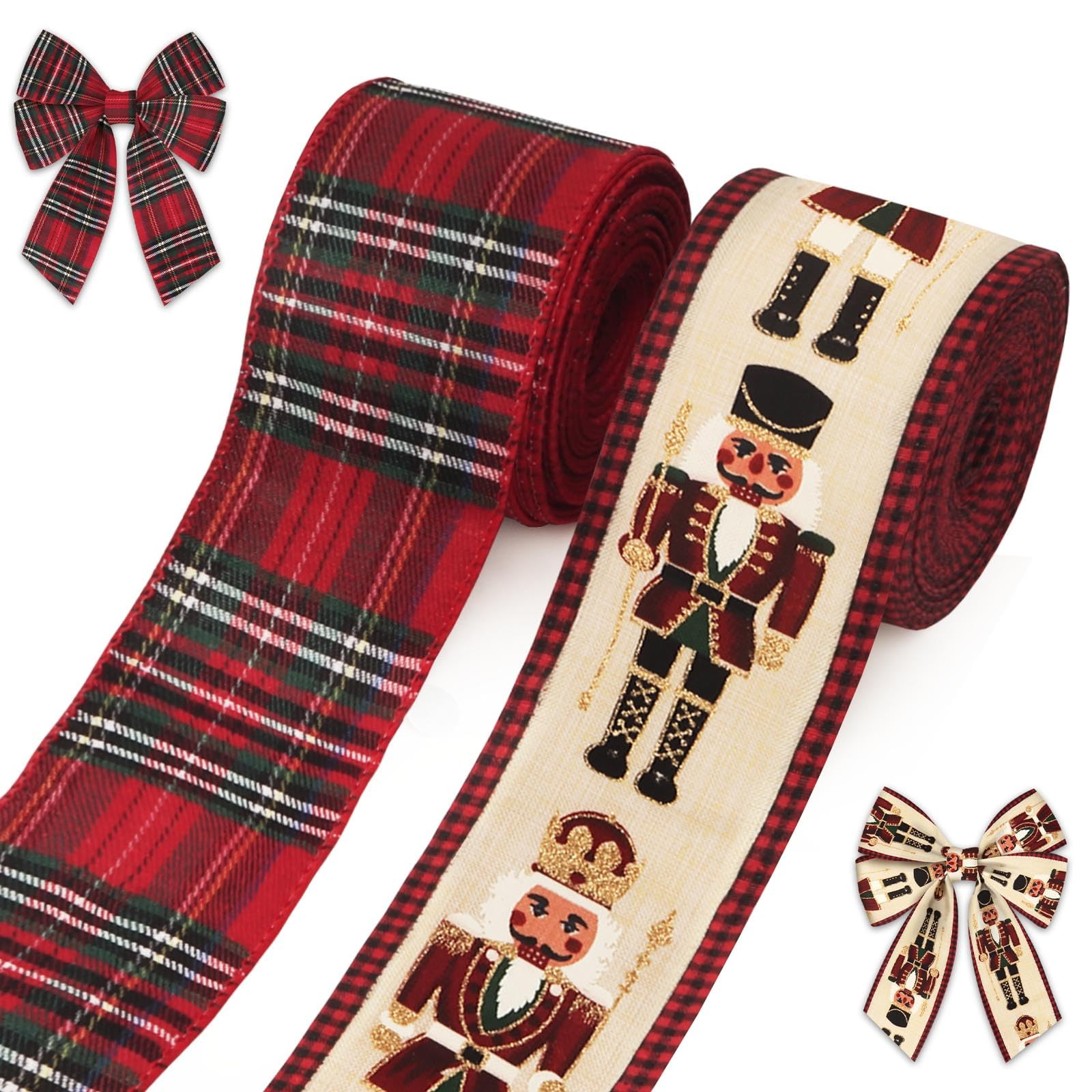 2 Rolls Christmas Ribbons for Crafting, 2.5" ×10 Yards Xmas Wired Edge Ribbon Red Buffalo Plaid ... | Amazon (US)