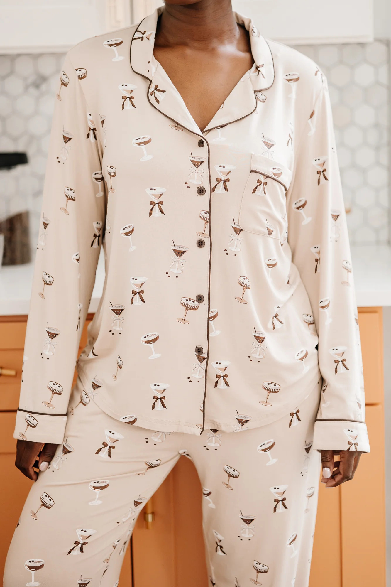 Bamboo Long-Sleeved Women's Pajama Set in Espresso Martini | Kyte Living