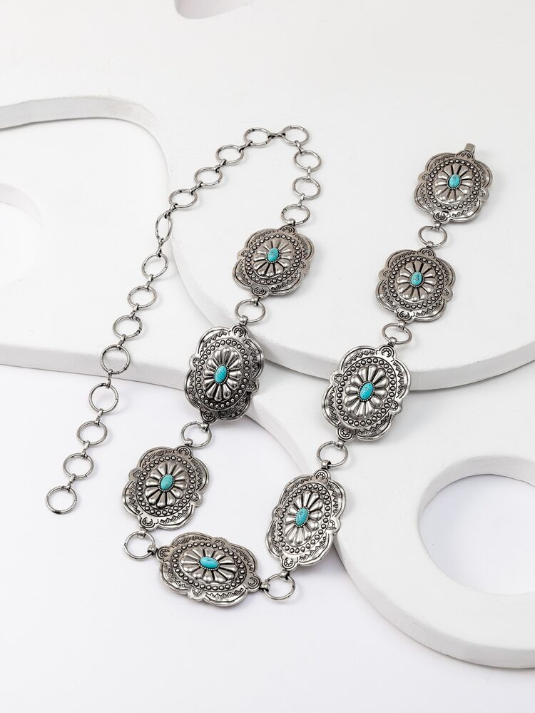 Turquoise & Flower Decor Chain Belt | SHEIN