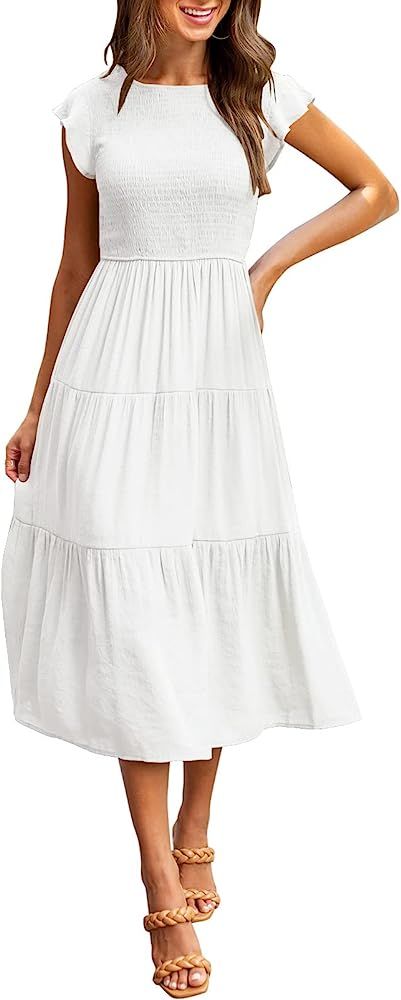 MEROKEETY Women's Flutter Short Sleeve Smocked Midi Dress Summer Casual Tiered A-Line Dress | Amazon (US)