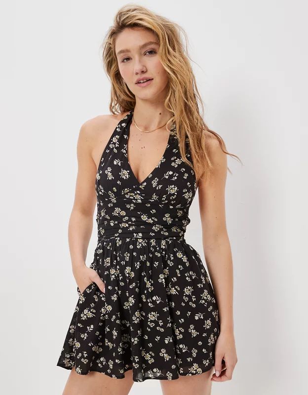 AE Halter Ruched-Waist Romper | American Eagle Outfitters (US & CA)