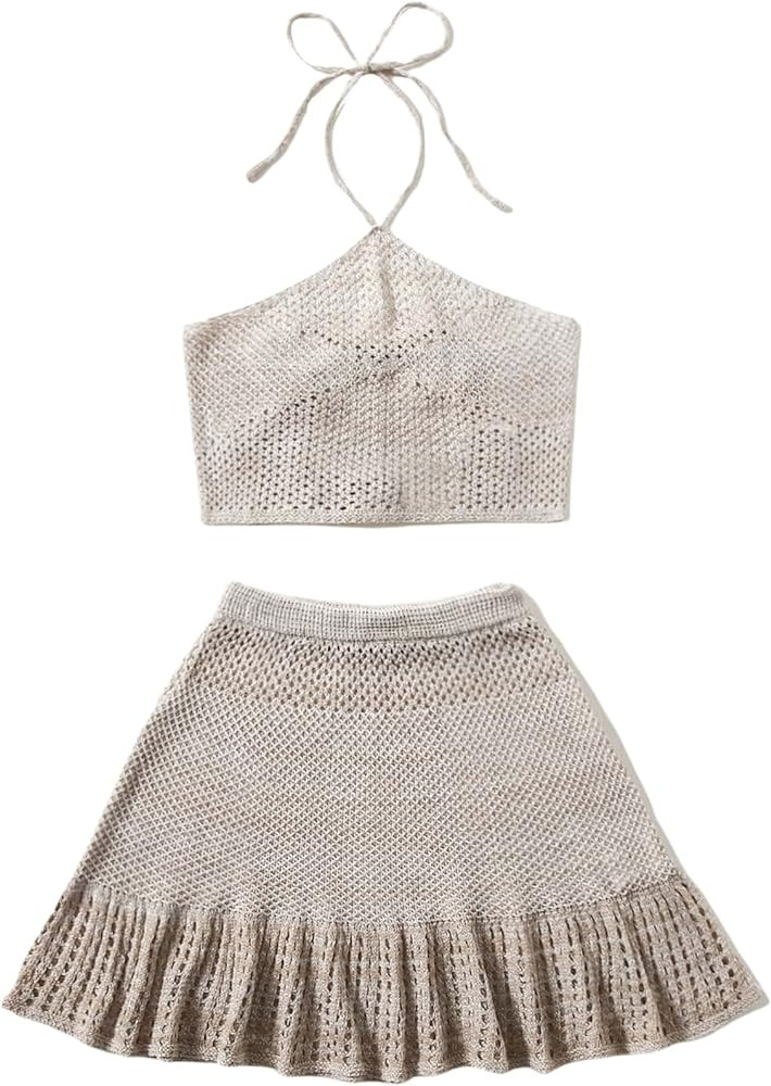 SOLY HUX Women's Skirt And Top Set Crochet Coverup Crochet Cover Ups Matching Skirt Set | Amazon (US)