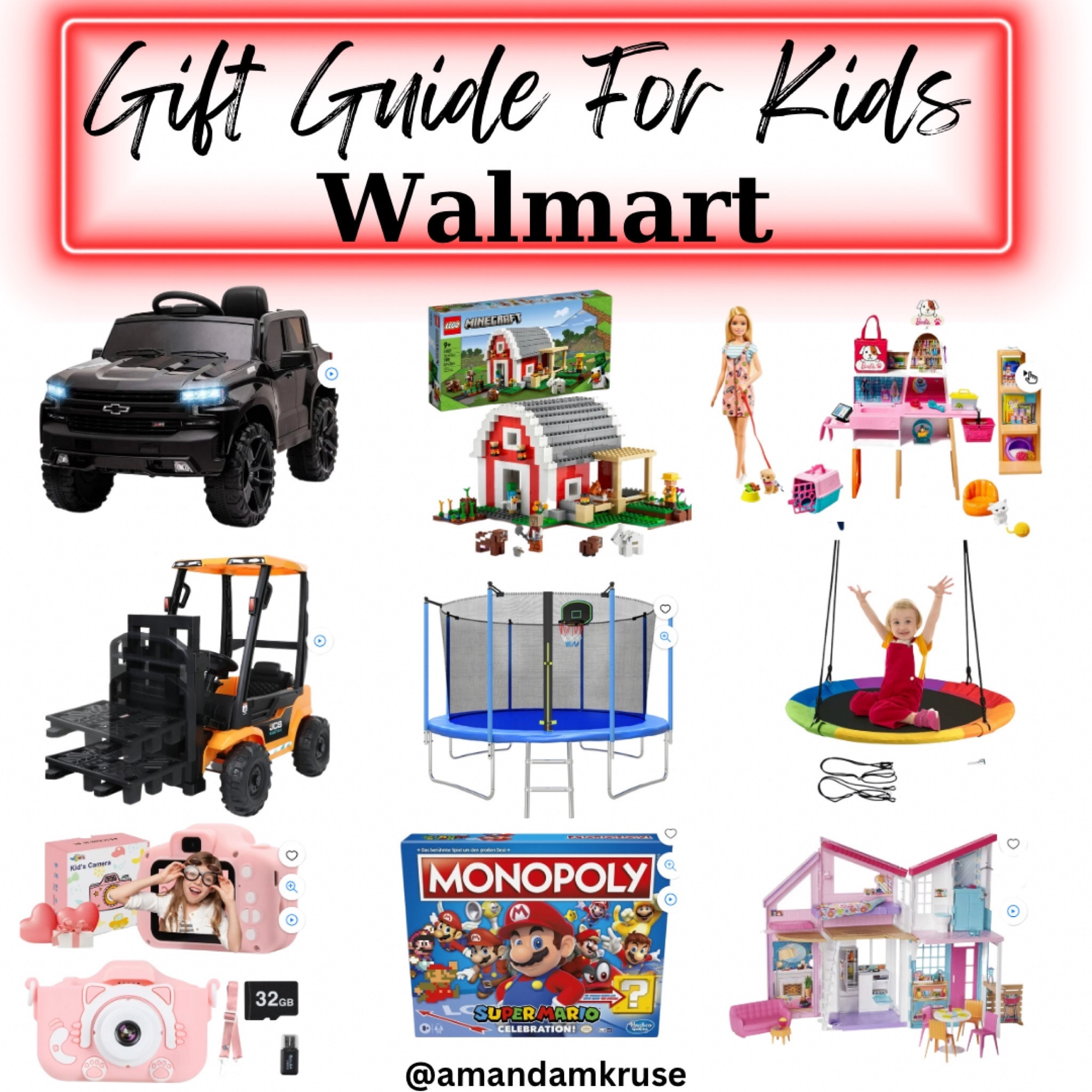 Christmas gift guide for kids. 

Ride on truck, legos, Barbie doll, ride on forklift, trampoline, saucer tree swing, kids digital camera, super Mario monopoly board game, Malibu Barbie house 

#LTKfindsunder100 #LTKkids #LTKGiftGuide