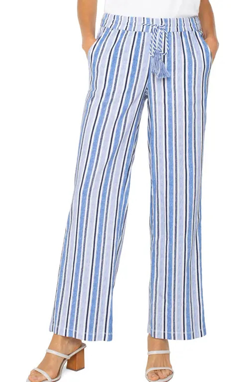 Liverpool Los Angeles Stripe Linen Blend Drawstring Wide Leg Pants in White Blue Multi Stripe at Nordstrom, Size Small | Nordstrom
