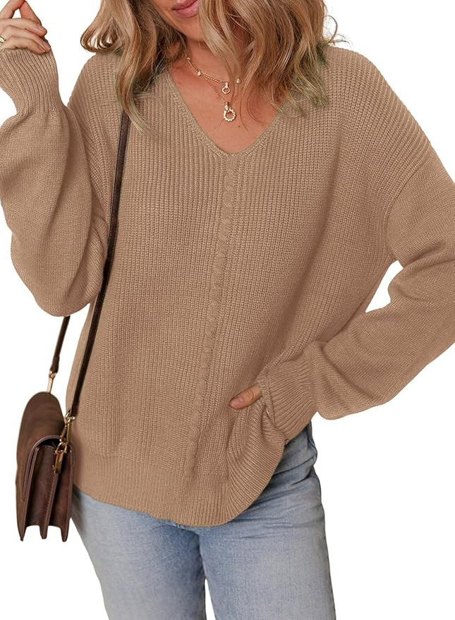 Dokotoo Women's Casual V Neck Sweaters Long Sleeve Pullover Sweater Knit Jumper Tops | Amazon (US)