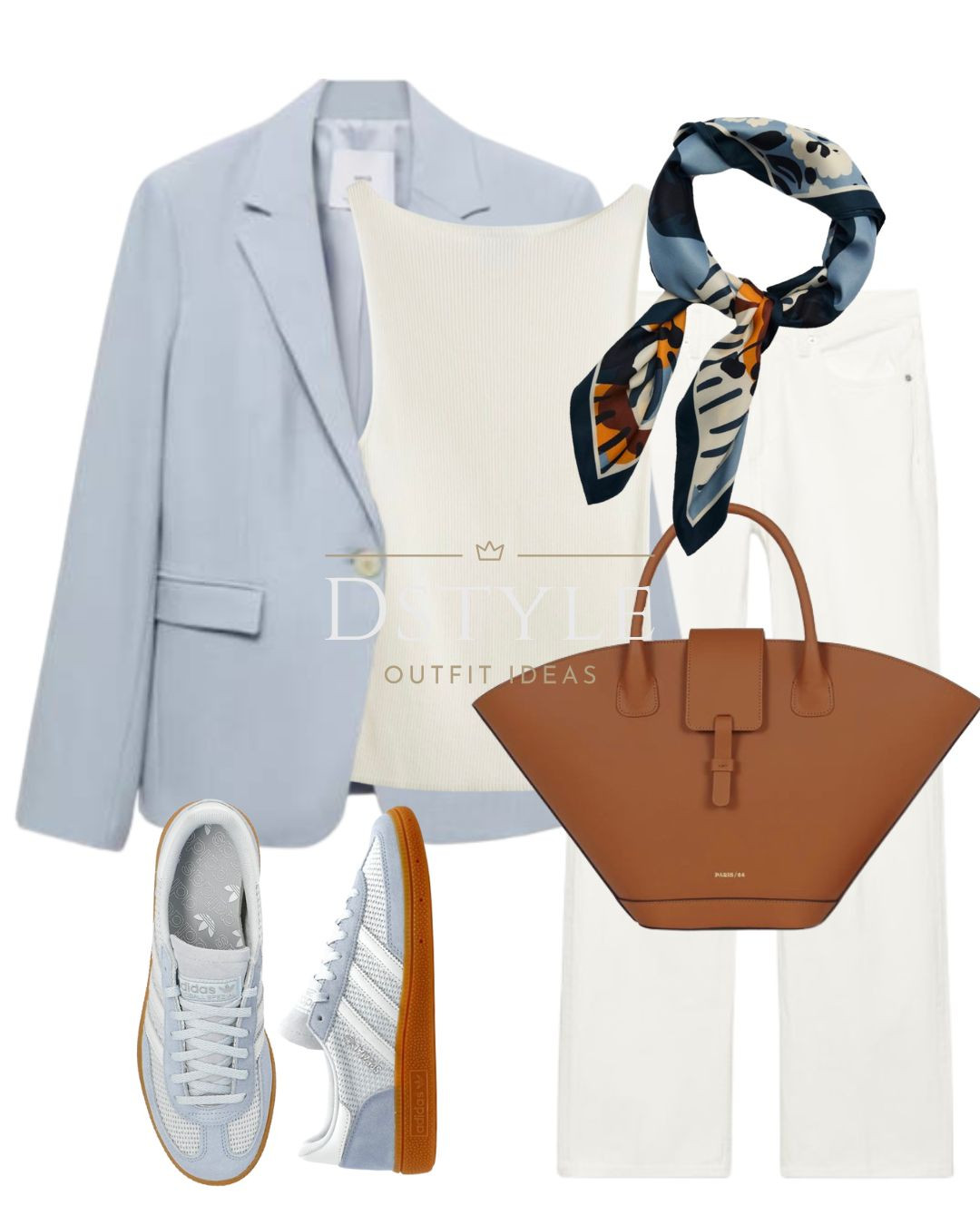  Sky blue blazer, white ribbed tank top, white baggy jeans, light blue Adidas Spezial, floral satin scarf, caramel leather handbag.
 

#LTKStyleTip #LTKWorkwear #LTKItBag