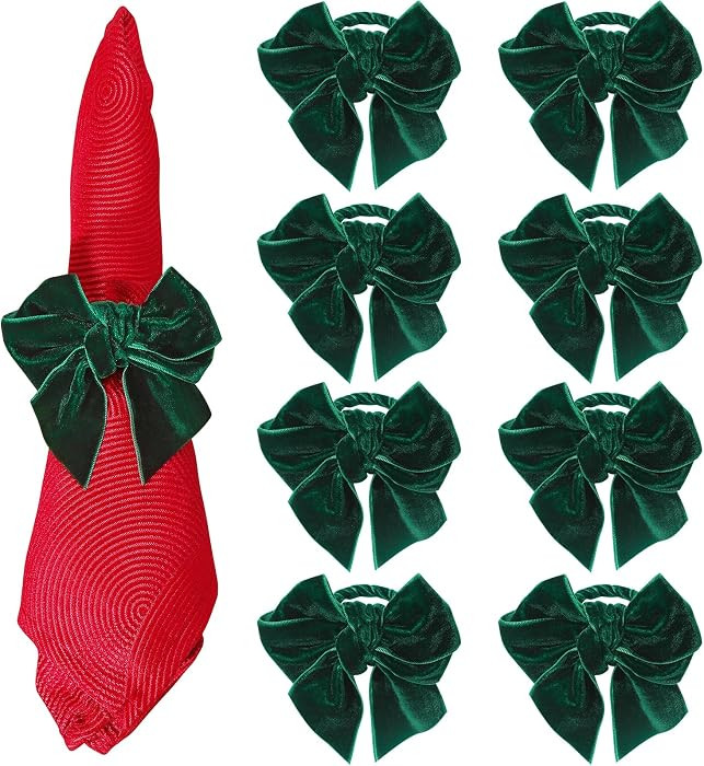 KPOSIYA Christmas Bow Napkin Rings Set of 8, Green Bow Napkin Rings,Chic Velvet Bowknot Napkins H... | Amazon (US)