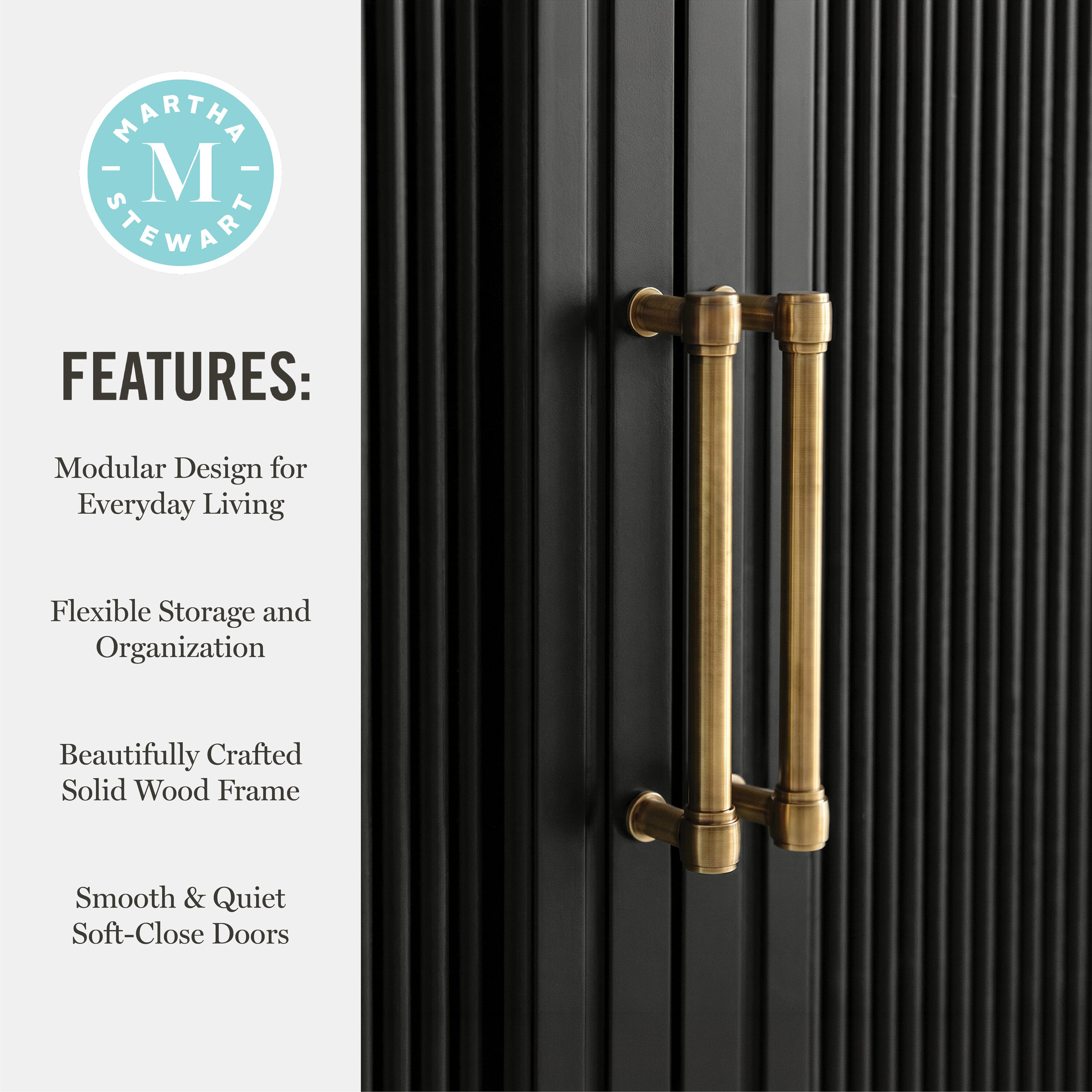 Martha Stewart Bedford Fluted 6-Piece Modular Media Center- 2 Fluted Wood Cabinets and Glass Door Cabinets- Soft-Close Hinges-2 Open Shelf Hutches- Black/Gold | Lowe's