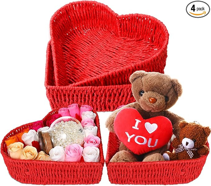 Layhit 4 Pcs Valentine's Day Gift Basket Heart Shaped Baskets Woven Heart Bowl Stuffers Storage V... | Amazon (US)