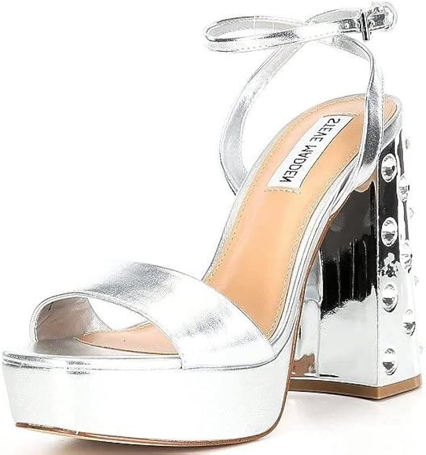 Steve Madden Laudre Gold Metallic Ankle Strap Open Toe Block Heeled Sandals | Amazon (US)