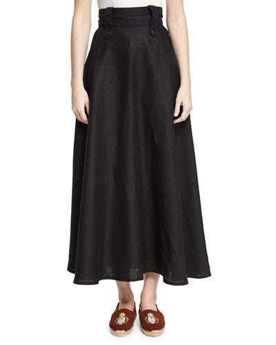 High-Waist Linen Midi Skirt, Black | Bergdorf Goodman