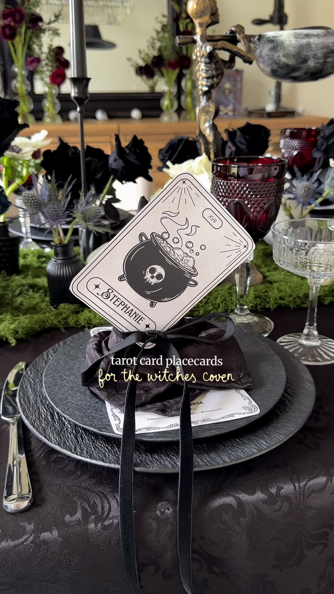 custom tarot cards for the witches coven🔮🖤 #overatmyplace

the perfect placecards for my witches coven dinner party | Halloween party | Tablescape design | hosting ideas | hosting tips | Halloween themes