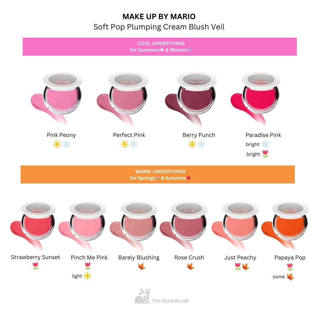 Lab tested & season approved!

Pink Peony ☀️❄️
Perfect Pink ☀️❄️
Berry Punch ☀️❄️
Paradise Pink (bright ❄️)(bright 🌷)
Strawberrty Sunset 🌷
Pinch Me Pink 🌷 (light ☀️)
Barely Blushing 🍁
Rose Crush 🍁
Just Peachy 🌷🍁
Papaya Pop 🌷

A lightweight cream blush made with hyaluronic acid to hydrate and plum the skin. Color is sheer and buildable.

We've heard some Bright🌷s like “Perfect Pink”.

Cool Winters❄️ looking for a super bright pink may also like “Paradise Pink”.

Some Bright Winters❄️ who can handle a little warmth may also like “Strawberry Sunset”.

Autumns🍁 looking for a bright pop of color give “Papaya Pop” a try. 

If you have a favorite shade ... comment the name & your season below 👇

🐰 Cruelty-Free

We found all the shades at Sephora in store and online.

You're Welcome! 😎

#coloranalysis #colortheory #softpopblush #makeupbymario #colorseasons