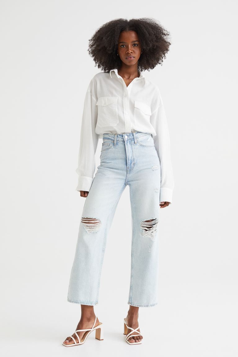 Ankle-length, 5-pocket jeans in thick, washed cotton denim. Extra-high waist, zip fly with button... | H&M (US + CA)