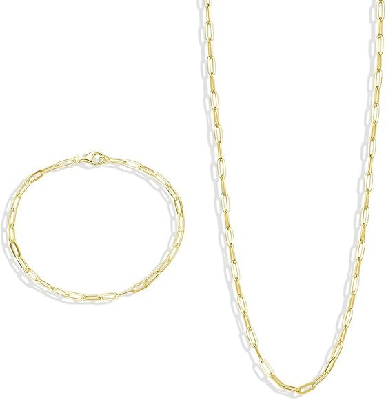 14K Yellow/Rose/White Gold Plated Dainty Paperclip Link Chain Necklace and Bracelet Jewelry Set f... | Amazon (US)