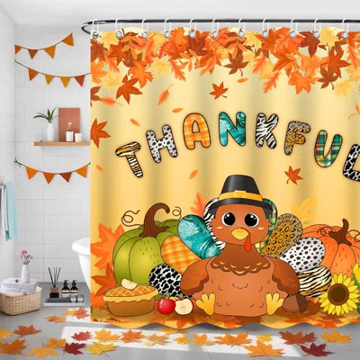 Happy Thanksgiving Shower Curtain, Funny Turkey Autumn Shower Curtains For Bathroom, Fall Shower Curtain Bathroom Decor For Thanksgiving With Maple Le | Wayfair North America