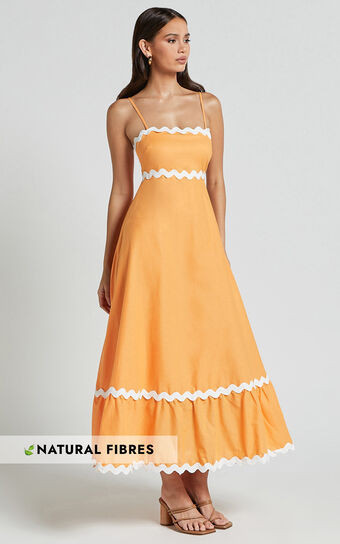 Moriseth Midi Dress - Linen Look Sleeveless Fit Flare Dress in Orange | Showpo (ANZ)